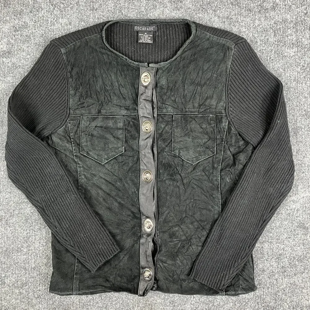 Escapade Cardigan Womens Size M Black Suede Leather‎ Button Front Ribbed Knit